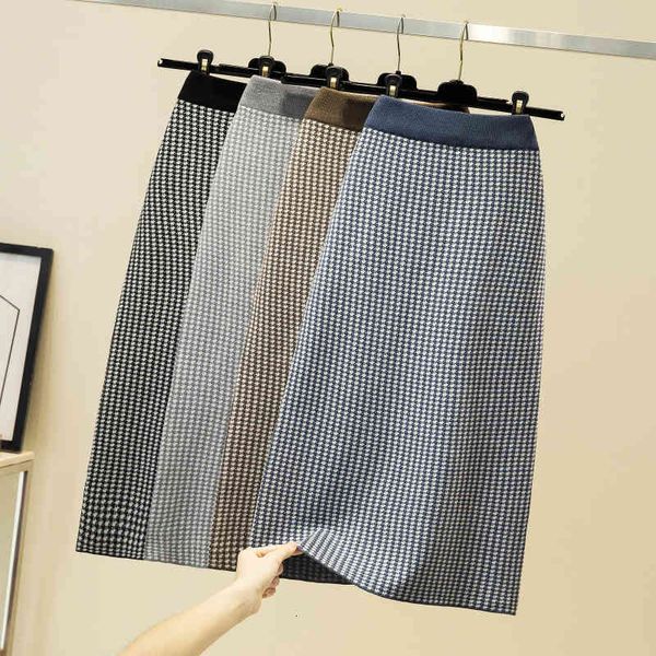 

skirts autumn winter houndstooth plaid long knitted pencil skirt 5zsq, Black