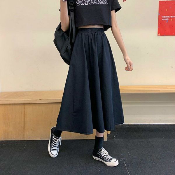 

leisure skirts solid women simple loose plus size 3xl long skirt korean style elastic-weight a-line student streetwear trendy bf, Black