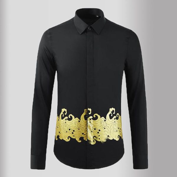 

men's casual shirts classic black mens luxury long sleeve gold printing dress slim fit party man 3xl, White;black