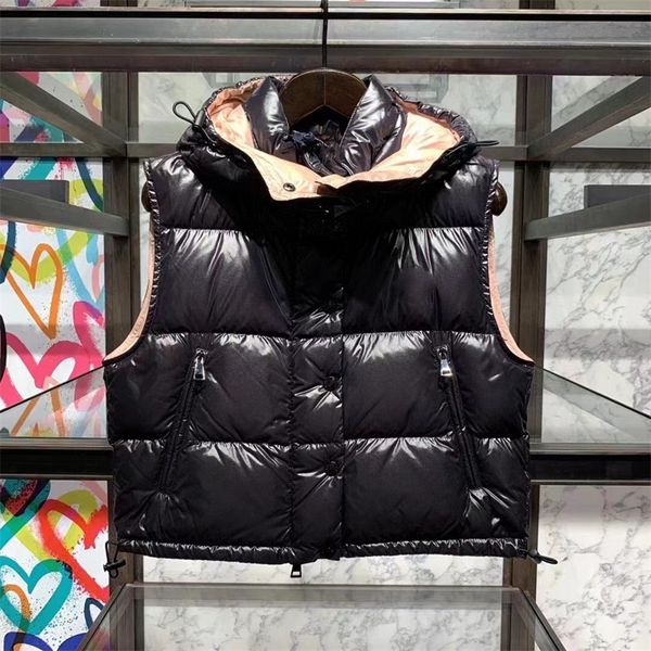 

women fashion short hooded down vests color block zipper buttons 90% white duck down coats casual female clothes, Black;white