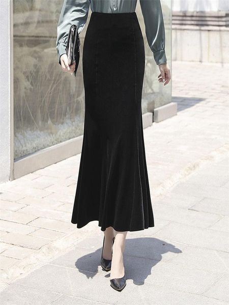 

skirts gold velvet bag hip skirt female 2021 spring autumn women high waist plus size black elegant wild fishtail aq141