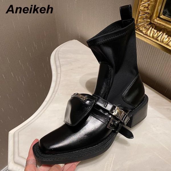 

boots aneikeh 2021 spring / autumn patent leather punk motorcycle ankle fashion metal buckle small bag zipper women's shoes, Black