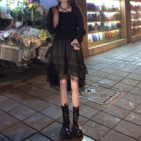 

gothic black fairy party cross womens dress square collar cute lace ruffles chic spring summer, Black;gray