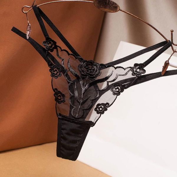

women's panties embroidery floral thong ladies women perspective lace briefs underwear black mesh female t pants g-string thongs, Black;pink