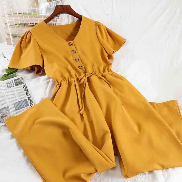 

jumpsuits vintage v-neck single breasted wide leg romper women elegant short sleeve high waist loose casual jumpsuit summer playsuits, Black;white