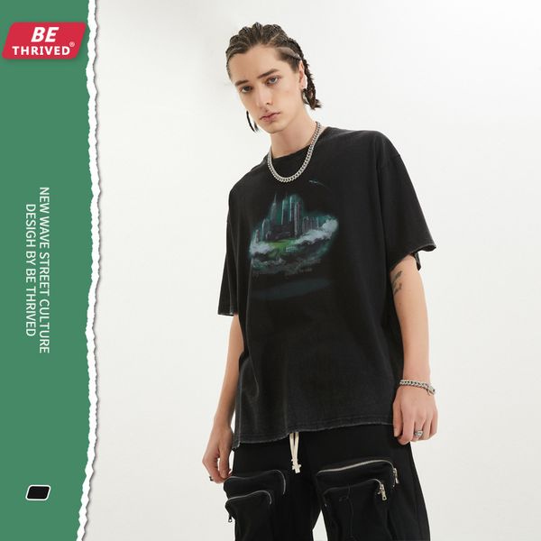 

be men's clothing - spring / summer 2021 new psychedelic city print eing worn-out short sve street high street trendy t-shirt men, White;black