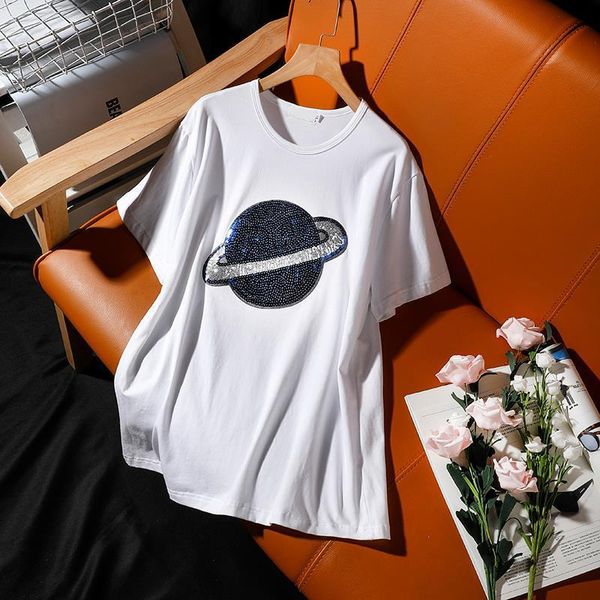 

short sleeved summer clothing womens t shirt korean fashion sequins planet loose casual white large size