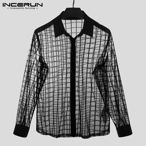 

fashion mesh shirts mens long sleeve turn down collar camisa sheer shirt plaid transparent clubwear bulsa plus size men's casual, White;black