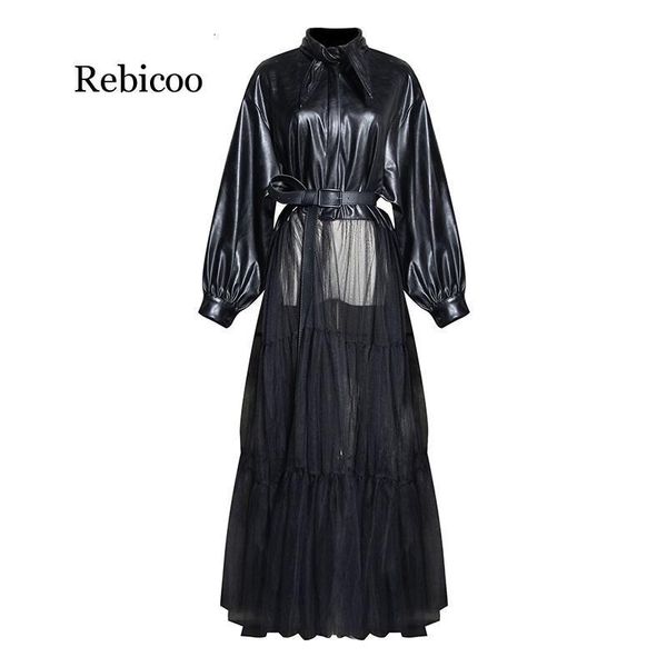 

women's jackets fashion autumn winter lapel long sleeve belt pu leather stitching perspective mesh jacket loose coat, Black;brown