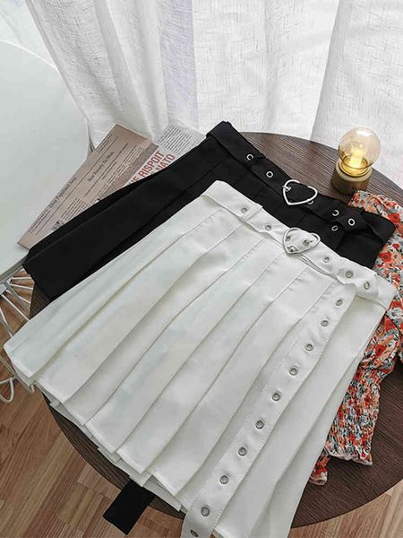 

women sweet white high waist mini stripe skirts summer office lady solid color casual slim a-line pleated 210513, Black