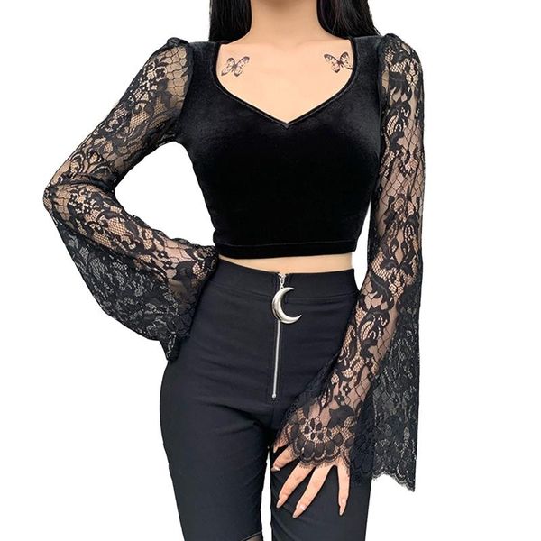 

women's t-shirt women gothic lace flare long sleeve deep v-neck velvet black crop vintage harajuku elegant clubwear, White