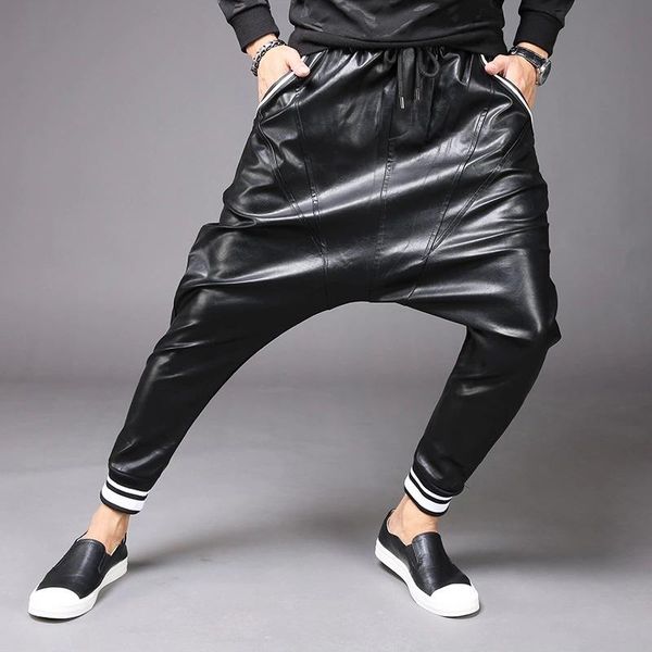 

men's pants avant garde moto pu faux leather harem drop crotch jeans casual street dance dj rock slacks trouser m-2xl, Black