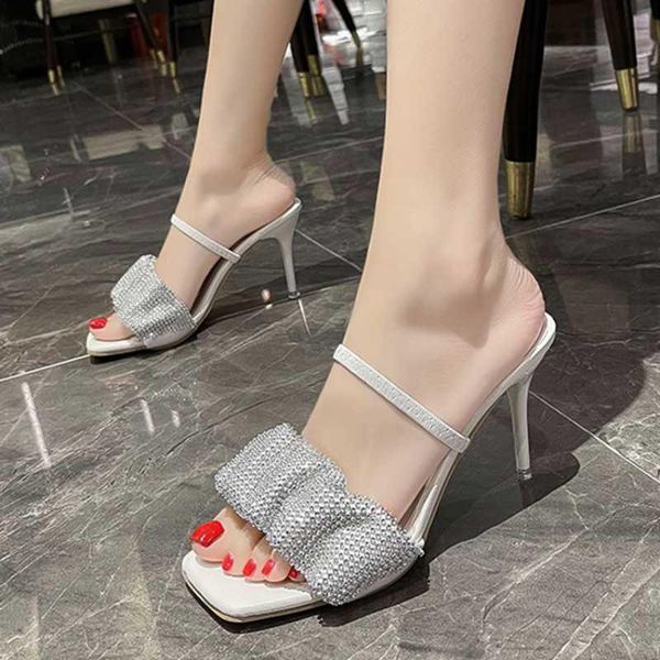 

slippers women sandals snake print strappy mule heels high flip flops square toe slides party shoes woman, Black