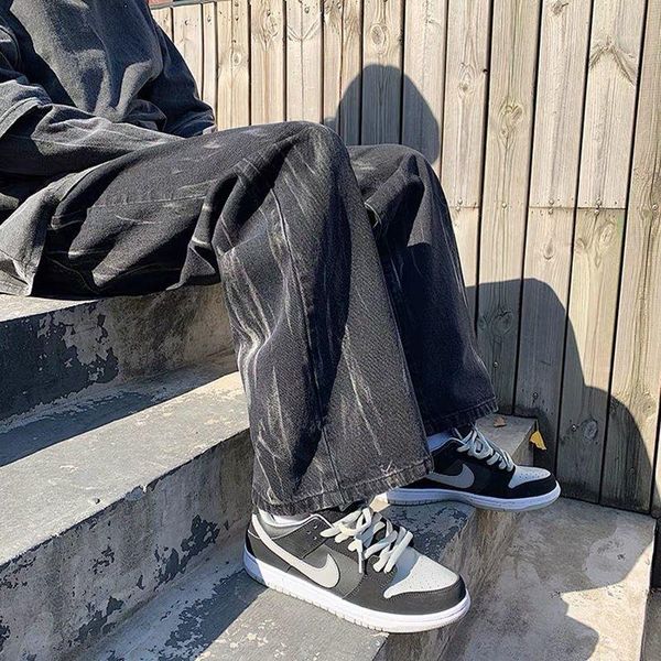 

men's jeans tie-dyed men women streetwear trend all-match straight wide-leg pants couple korean printing washed mid-waist trousers, Blue