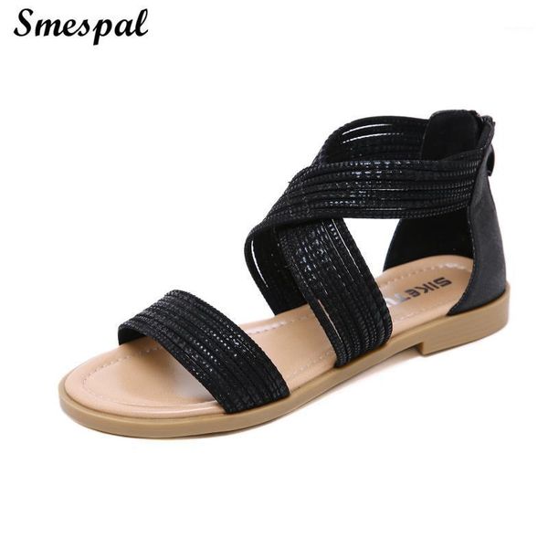 

sandals women summer shoes chic flat rome style back zippers design1, Black