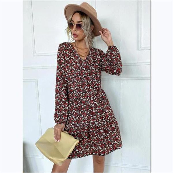 

bohemian women's knee-length dress, v-neck, long-sleeved, high-waisted casual wear for women, suitable autumn picnics dresses, Black;gray