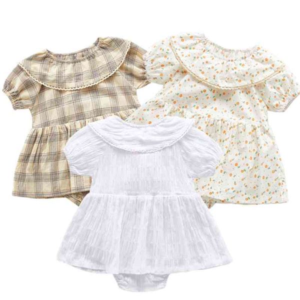 Bebê verão roupas 0-3 yrs nascido de manga curta de manga bonito ha bodysuit infantil menina de algodão algodão lotus folha de colar floral vestido 210417