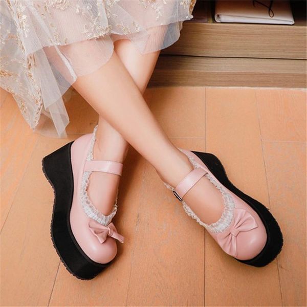 

harajuku women wedge high heels platform creepers butterfly-knot ruffles thick sole lolita cosplay shoes large size 46 dress, Black