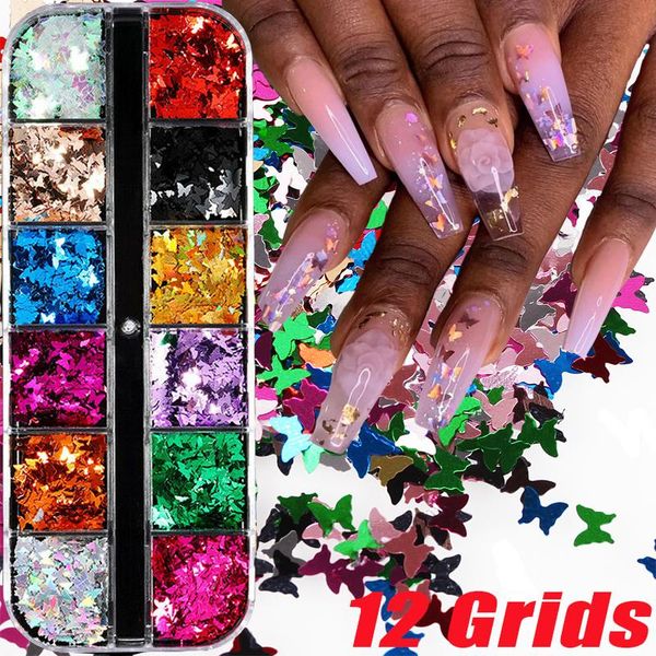 

nail art decorations 3d laser butterfly sequins holographic 12 grids diy colorful flakes glitter foil charming design decoration, Silver;gold