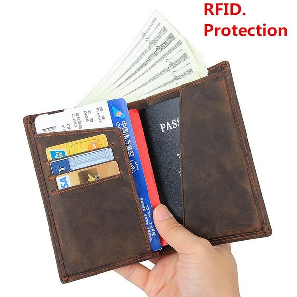 

card holders crazy horse genuine leather wallet men women rfid protection holder vintgage travel passport cover case, Brown;gray