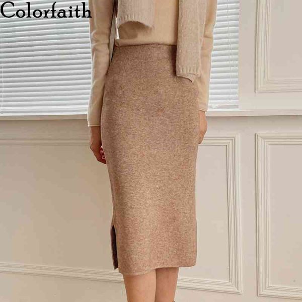 

colorfaith new autumn winter women skirts knitting package hip korean high waist split vintage elegant midi skirt sk1205jx 210413, Black
