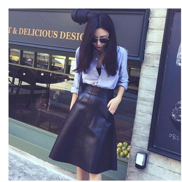 

skirts 2021 spring and autumn women's wild high waist a word package hip pu leather zipper half length long skirt, Black