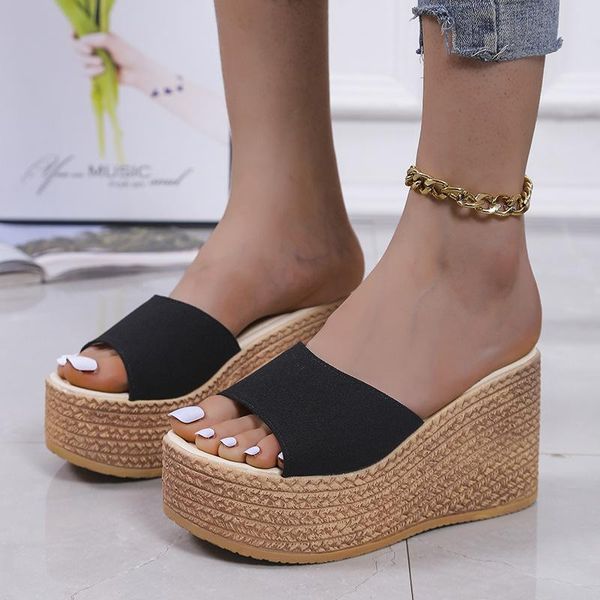 

sandals summer women's fashion simplicity high heels comfortable open toes slip on solid color ladies sandy beach slippers, Black
