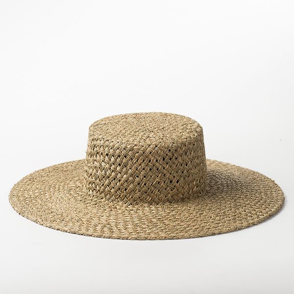 

fashion big hat hand woven seaweed flat in spring and summer, Blue;gray