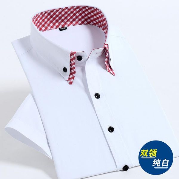 

non-ironing men dress shirt short sleeve solid male clothing fit business shirts white blue black red men's casual, White;black