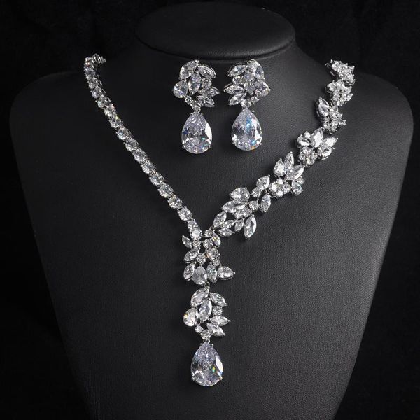 

earrings & necklace classic design water drop shape sets full cubic zirconia stone jewelry dubai dress accessories gift s-007, Silver