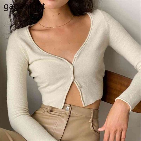 

v neck knitted cardigan sweater women spring long sleeve basic crop female casual short button up jumper 210601, White