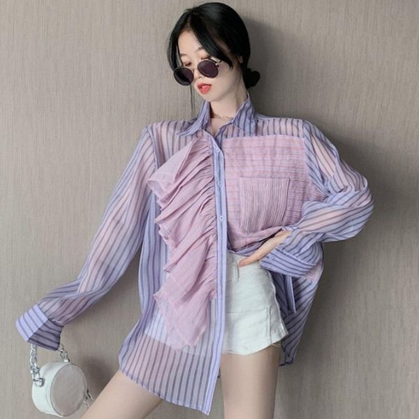 

women's blouses & shirts [ewq] 2021 autumn women sweet blouse single breasted turn-down collar long-sleeved patchwork purple ruffles sh, White