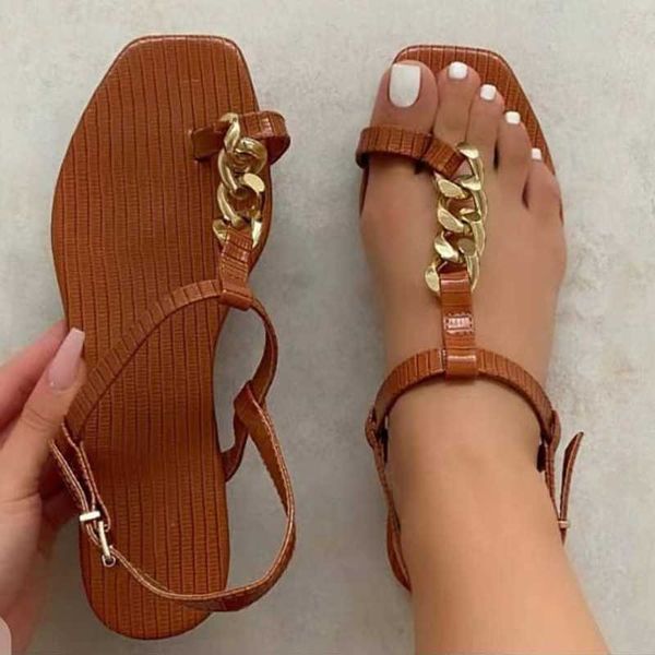 

t-strap open square toe summer fashion sandals for girls gold chain buckle strap women flat with size 9, Black