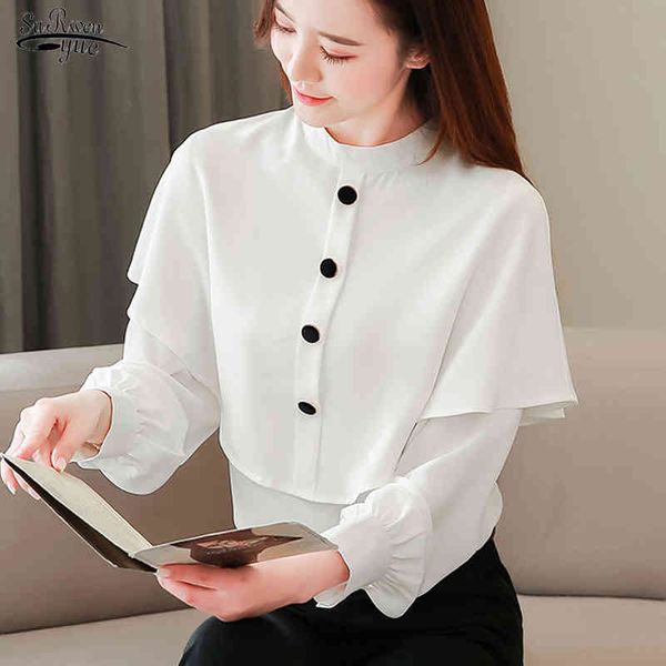 

autumn chiffon puff long sleeve white blouse women office lady solid stand collar pullover shirt for blusas 10513 210508