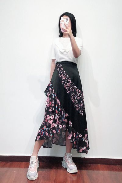 

skirts women skirt 2021 spring and summer elegant ruffled print stitching, Black