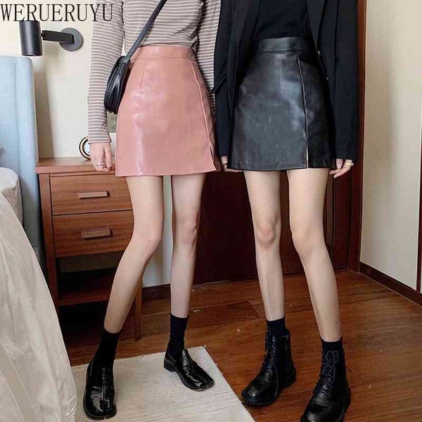 Werueruyu Black PU кожаные женские юбки осень зима сексуальная высокая улица bodycon мини-юбка женщина высокая талия юбка 210608