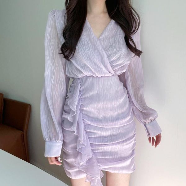 

casual dresses hyhy one piece dress korean chic elegant v-neck pleated waist slim long sleeve ruffle stitched hip wrap women, Black;gray