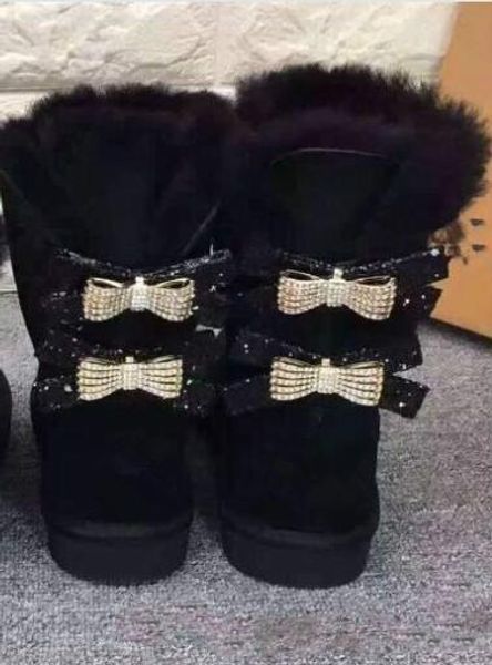 

2022 australia classic single double diamond snow boots female winter leather bow rhinestone crown warm thick cotton shoes #21, Black