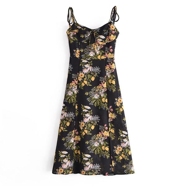 

casual dresses yenkye vintage lemon print sling chiffon dress women slits a-line summer prairie chic ladies holiday vestido, Black;gray