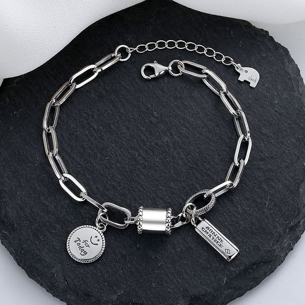 

chaosheng s925 sterling silver shang cylinder smiling face english round brand bracelet personality trend design sense of hand decoration, Golden;silver