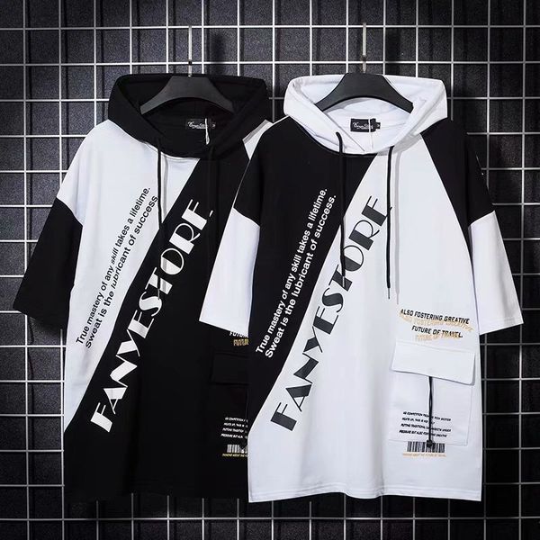 

fashion t-shirt summer brand loose short sleeve sweater men's hip hop personalized hooded color matching korean hoodie, White;black