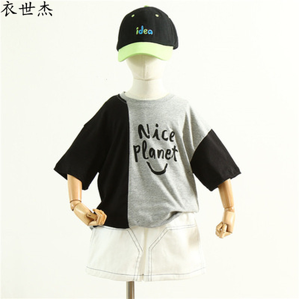 

childrens clothing 2022 summer new boys pure cotton black and gray stitching contrast short-sleeved t-shirt, Blue