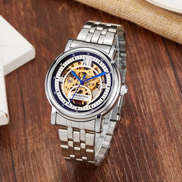 

gorben silver/gold band stainless steel watches men skeleton automatic mechanical male military army clock wrist watch wristwatches, Slivery;brown