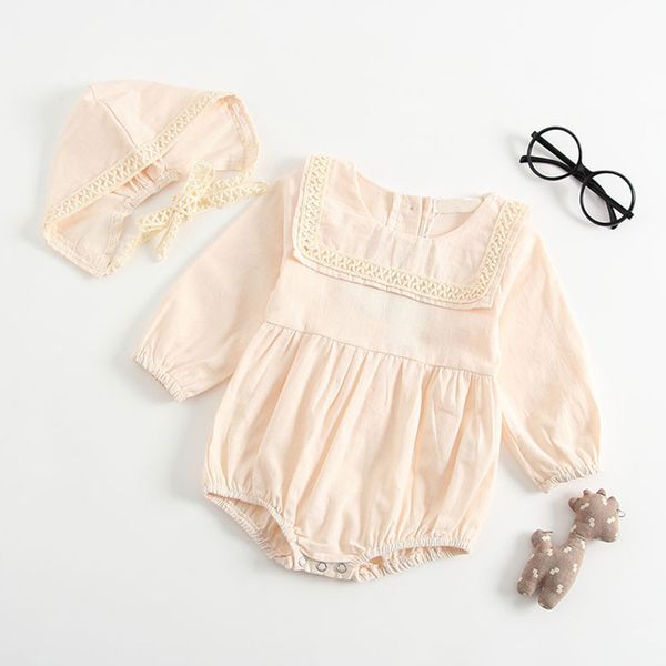 

fashion style baby girl romper spring autumn lace long-sleeved jumpsuits + hat 2 pieces toddler kids clothes 3-24m 210515, White