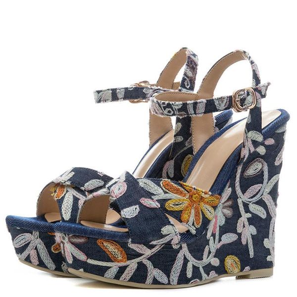 

summer women high heels sandals woman hooks shoes denim borumen platform wiggen zapatos mujer blue, Black
