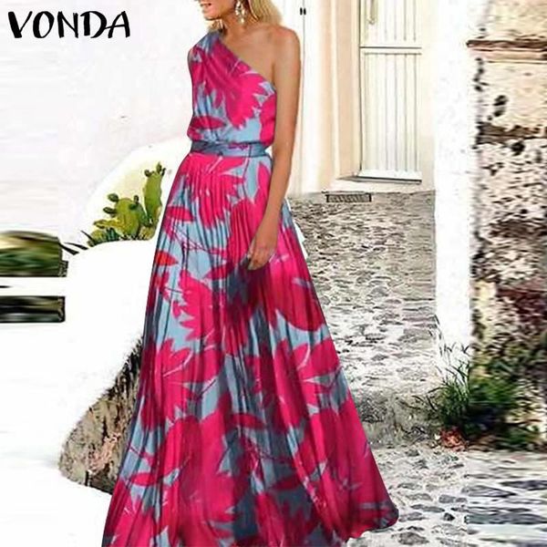 

casual dresses summer pleated dress vonda women zipper bohemian vestido 5xl party floral print long plus size one shoulder sundress, Black;gray