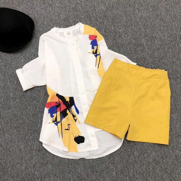 

summer 2 pieces suits printed womens tracksuits irregular low blouse shirt shorts set two piece tracksuit, Gray