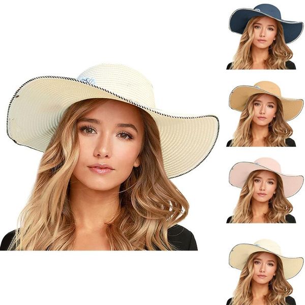 Açık şapka tarzı spor serin moda 2021 Kadınlar Geniş Saman Haddelenmiş Şapka Disket Tweed Beach Güneş Ayarlanabilir Nefes Alabası Visor