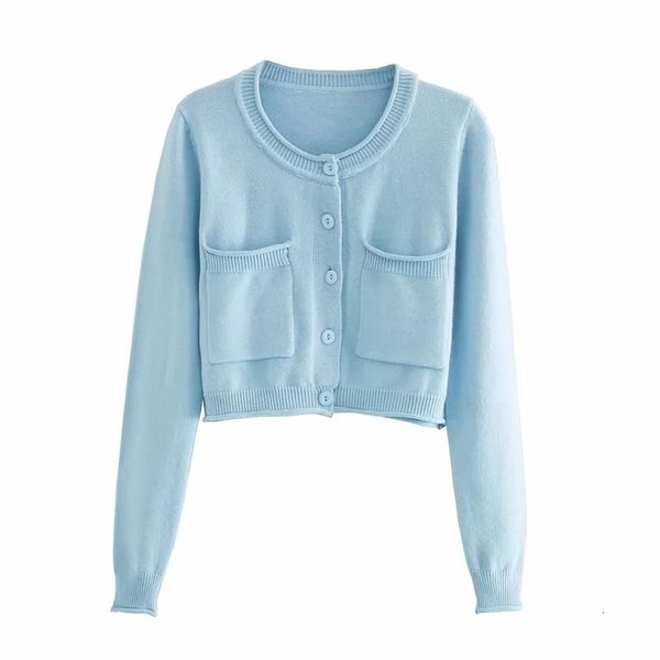 

women's knits & tees women autumn blue casual knitted cardigans sweater chic lady single breasted long sleeve pockets short sweate, White
