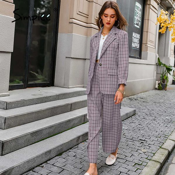 

elegant plaid two-piece blazer suit casual streetwear s female set chic office ladies coat 210930, White